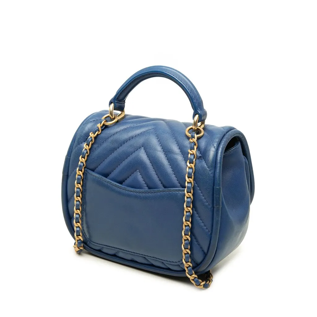 Chanel Mini CC Chevron Lambskin Reversed Round Flap Blue Leather Good - Back View