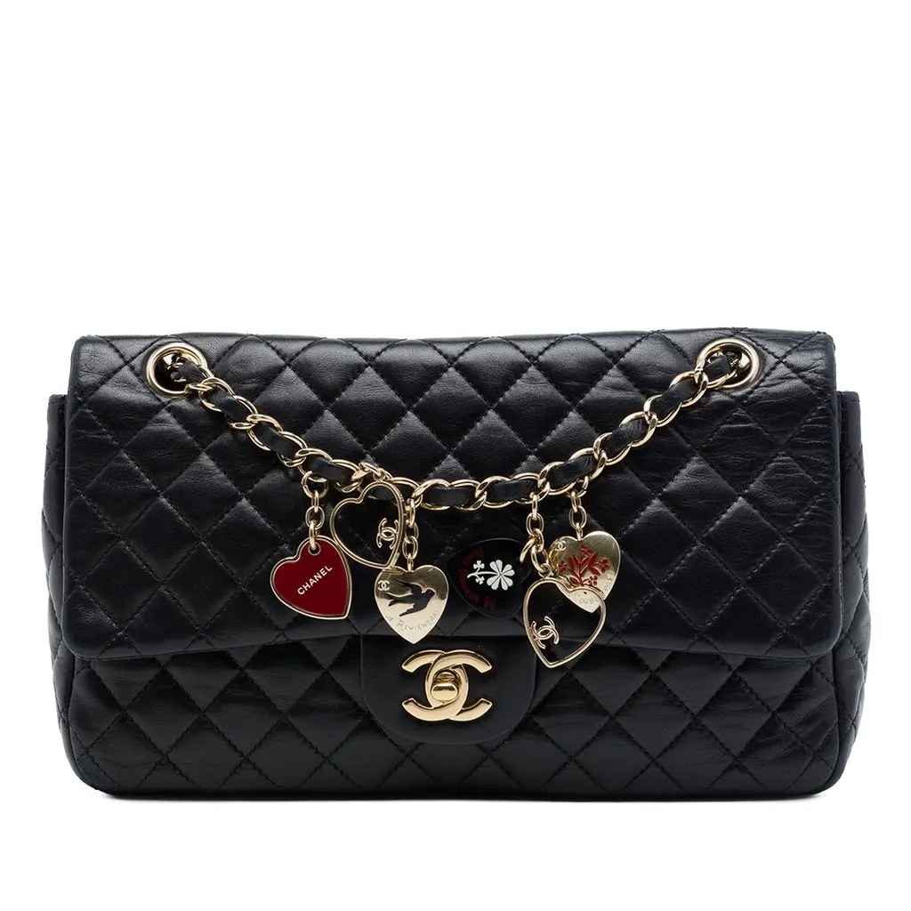 Chanel Medium Classic Lambskin Valentines Heart Charms Single Flap Black Leather Very good - Front View