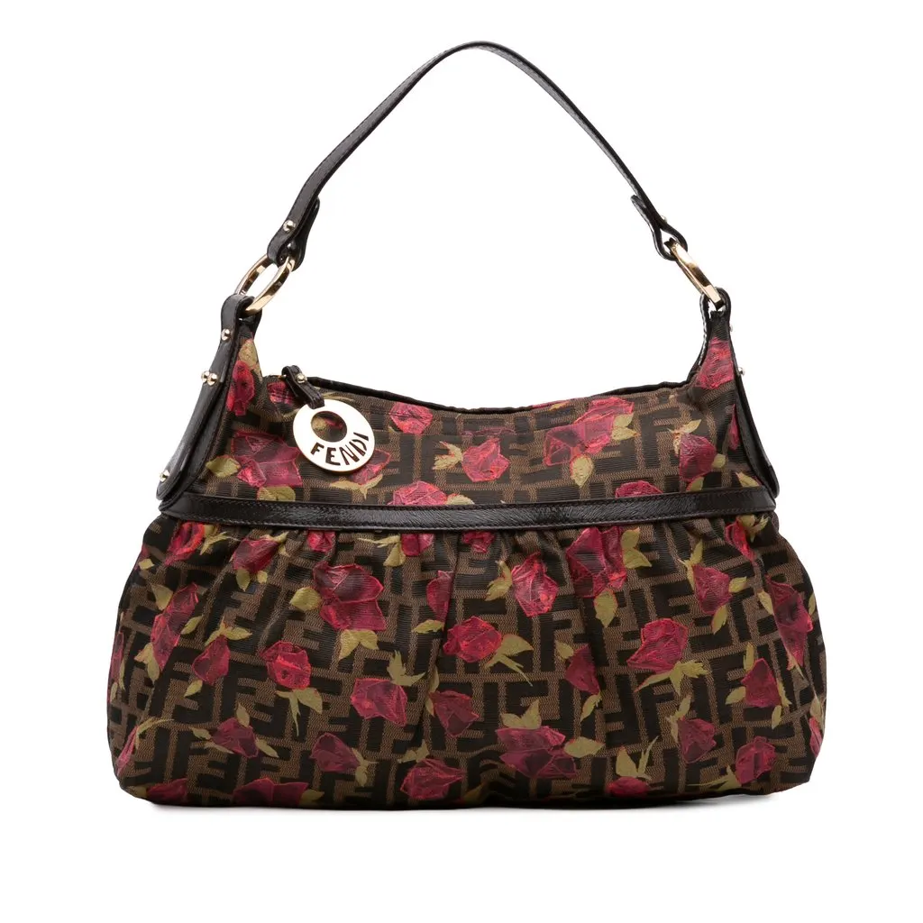 Fendi Zucca Canvas Rose Print Chef Shoulder Bag Brown Very good - Front View
