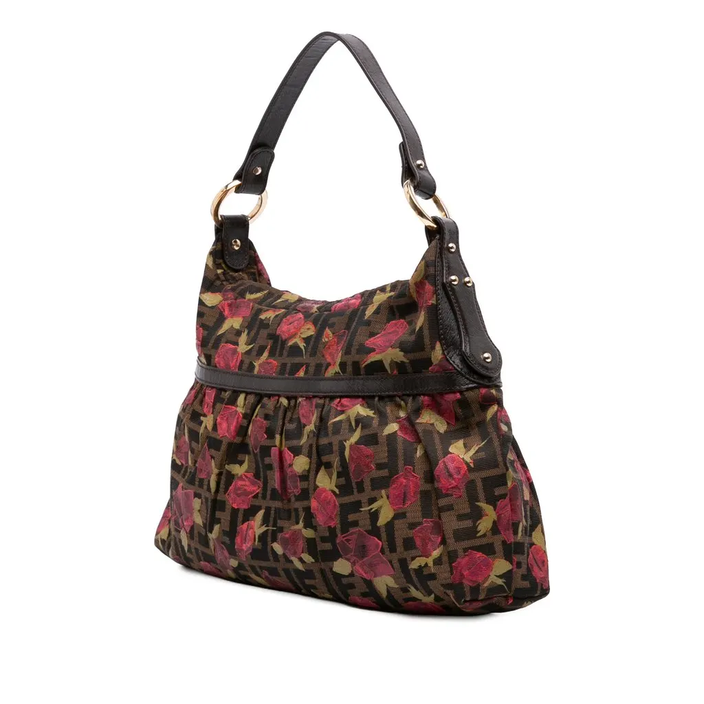 Fendi Zucca Canvas Rose Print Chef Shoulder Bag Brown Very good - Back View