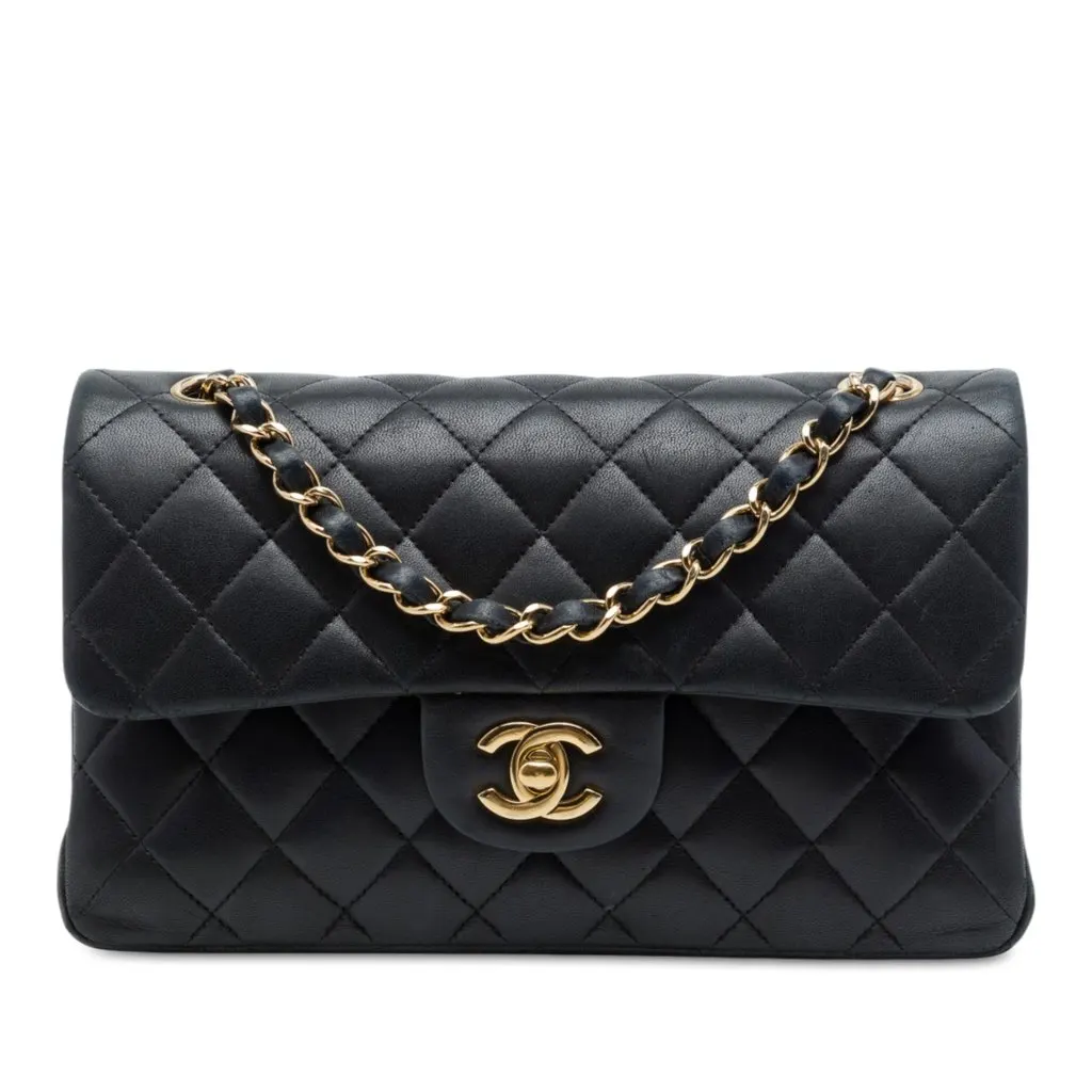 Chanel Small Classic Lambskin Double Flap Black Leather Very good - Front View