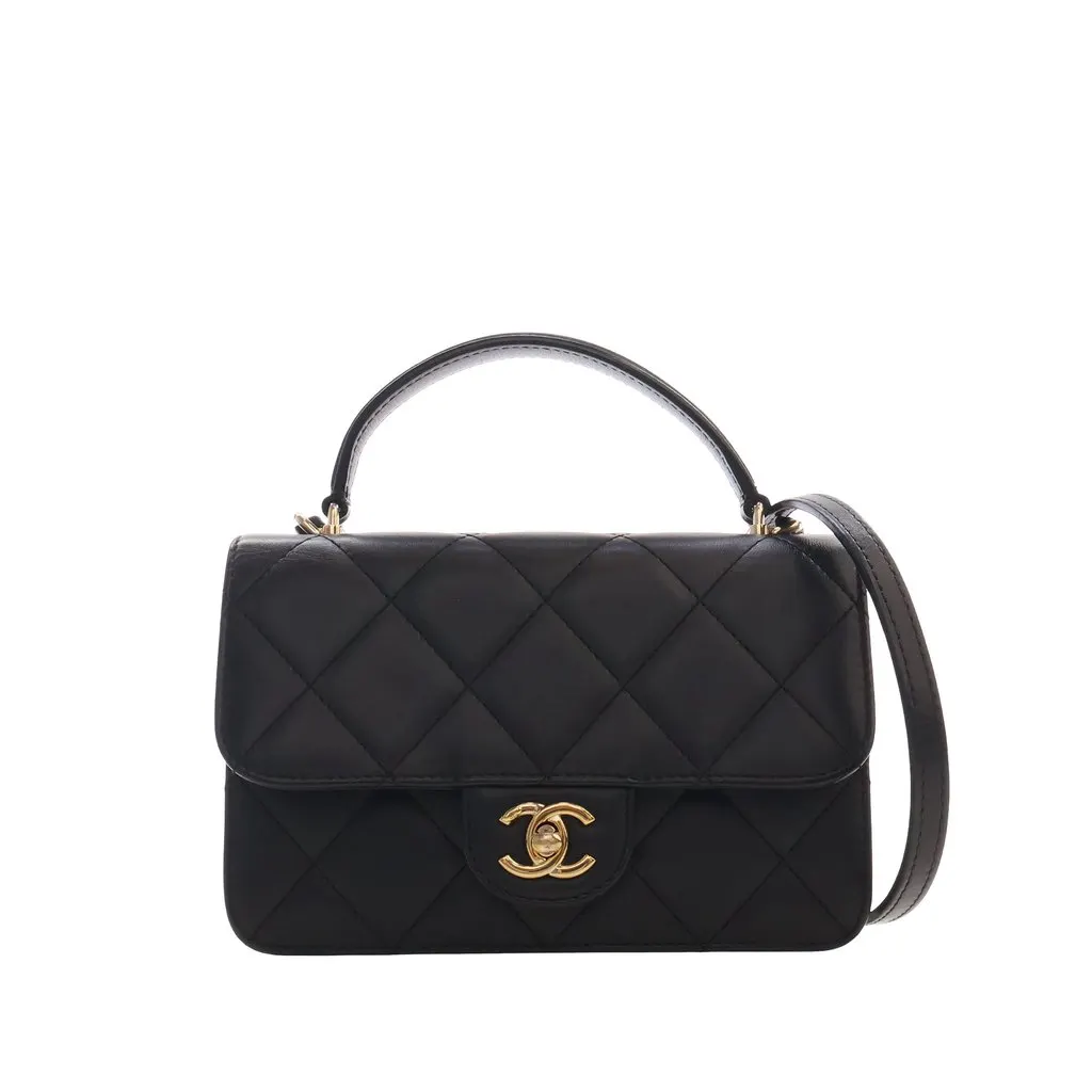 Chanel Mini Quilted Lambskin Top Handle Flap Black Leather Very good - Front View