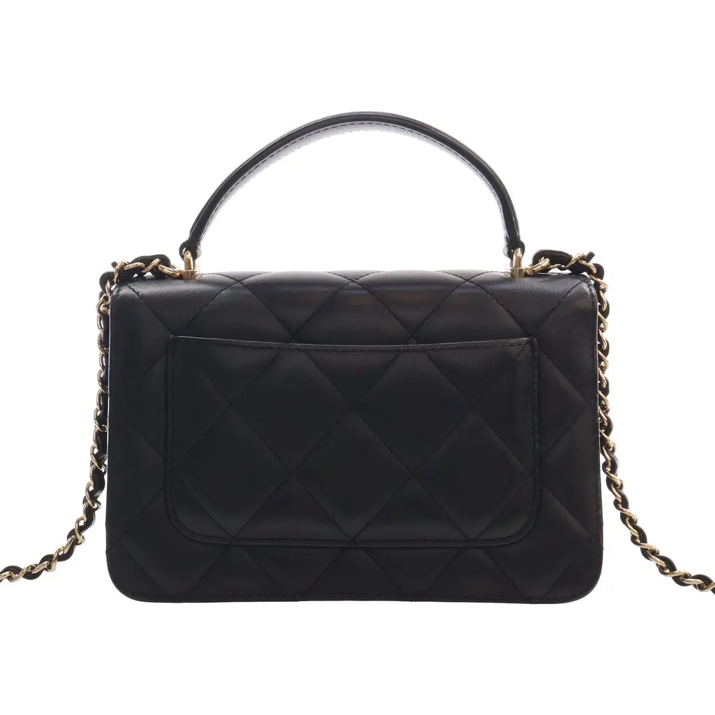 Chanel Mini Quilted Lambskin Top Handle Flap Black Leather Very good - Back View