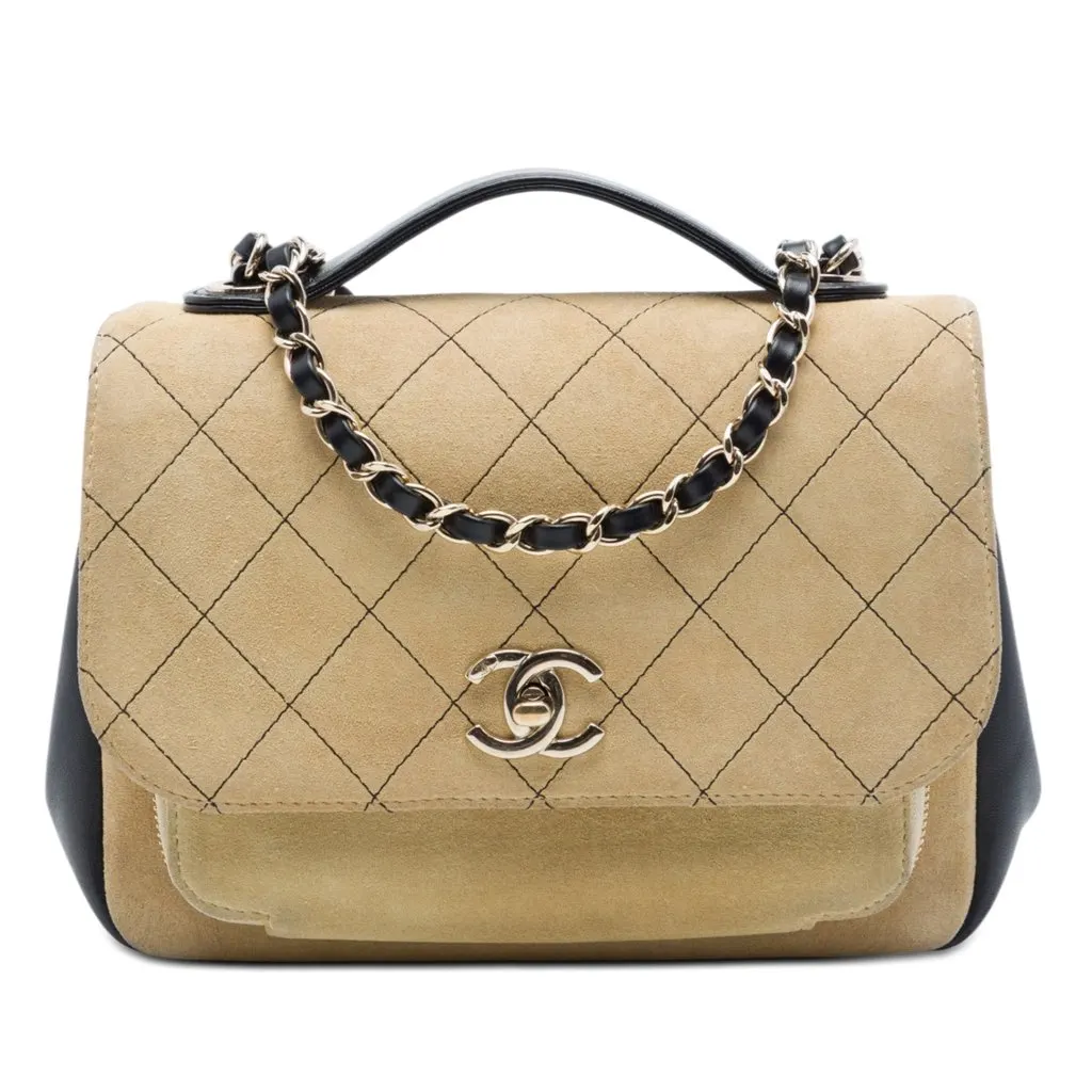 Chanel Medium CC Quilted Suede Business Affinity Flap Beige Leather Very good - Front View