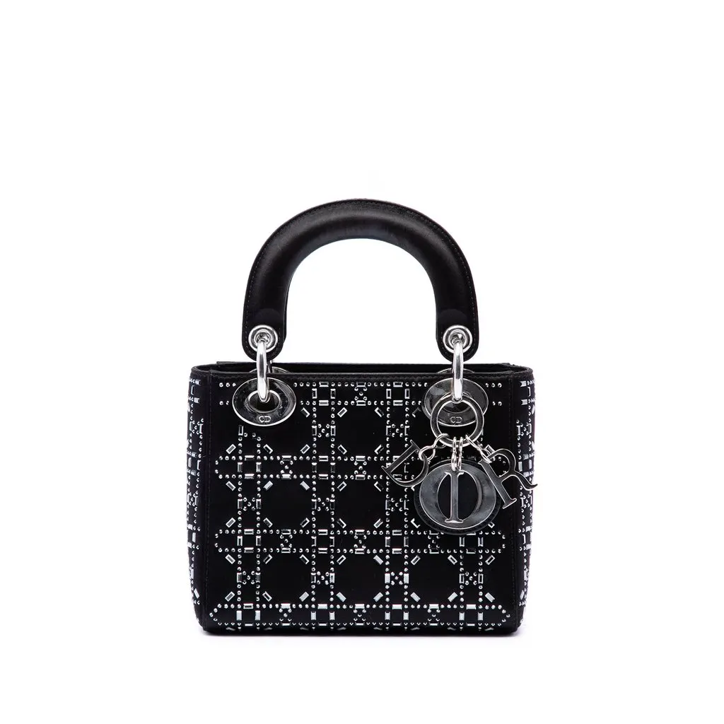 Dior Mini Satin Cannage Crystal Embellished Lady Dior Black Very good - Front View