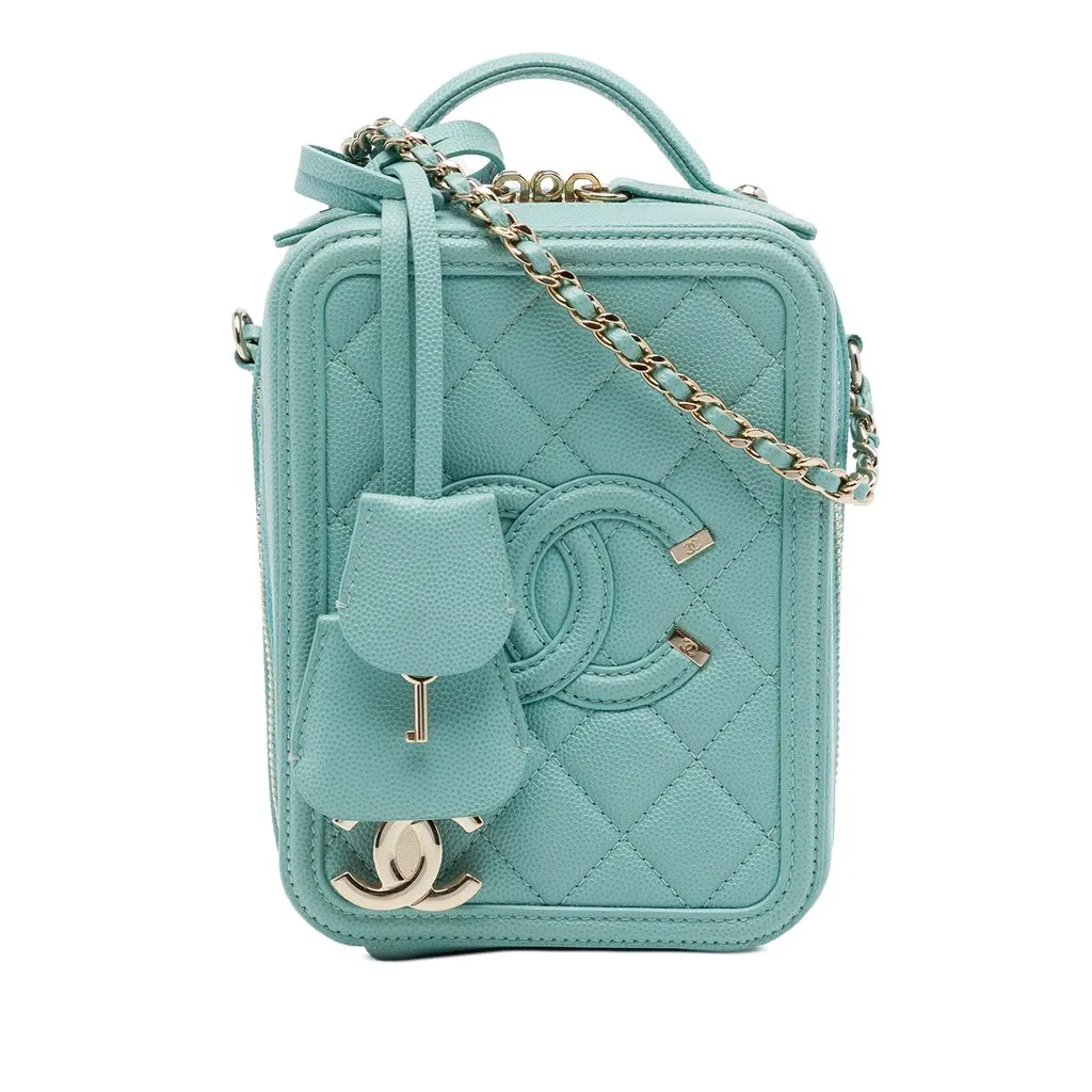 Chanel Caviar CC Filigree Vertical Vanity Case Blue Leather Very good - Front View