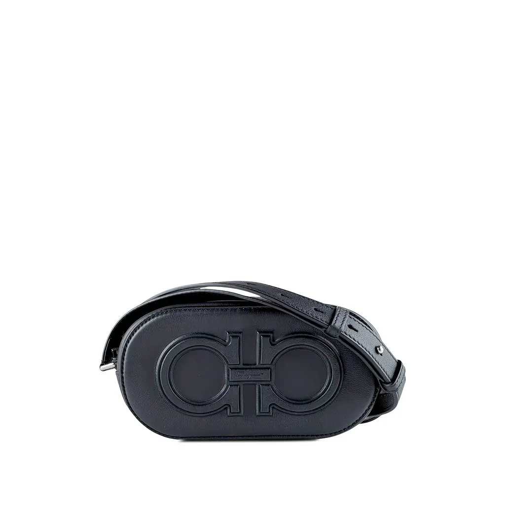 Salvatore Ferragamo Calfskin Double Gancini Crossbody Black Leather Very good - Front View