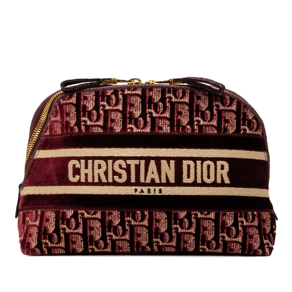 Dior Oblique Embroidered Velvet Cosmetic Pouch Red Very good - Front View