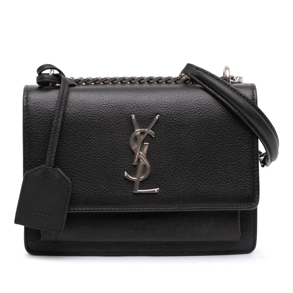 Saint Laurent Small Grained Calfskin Monogram Sunset Crossbody Black Leather Good - Front View