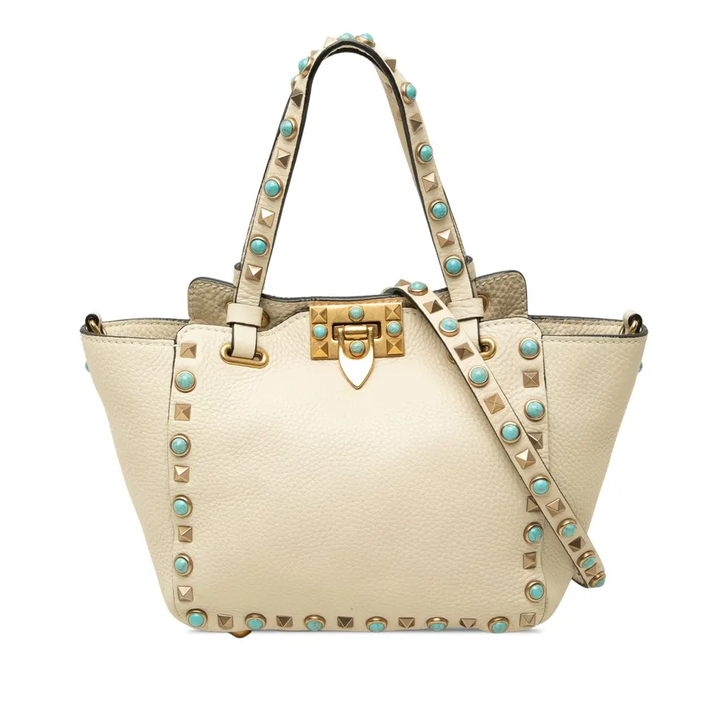 Valentino Mini Grained Calfskin Rockstud Rolling Trapeze Satchel White Leather Very good - Front View
