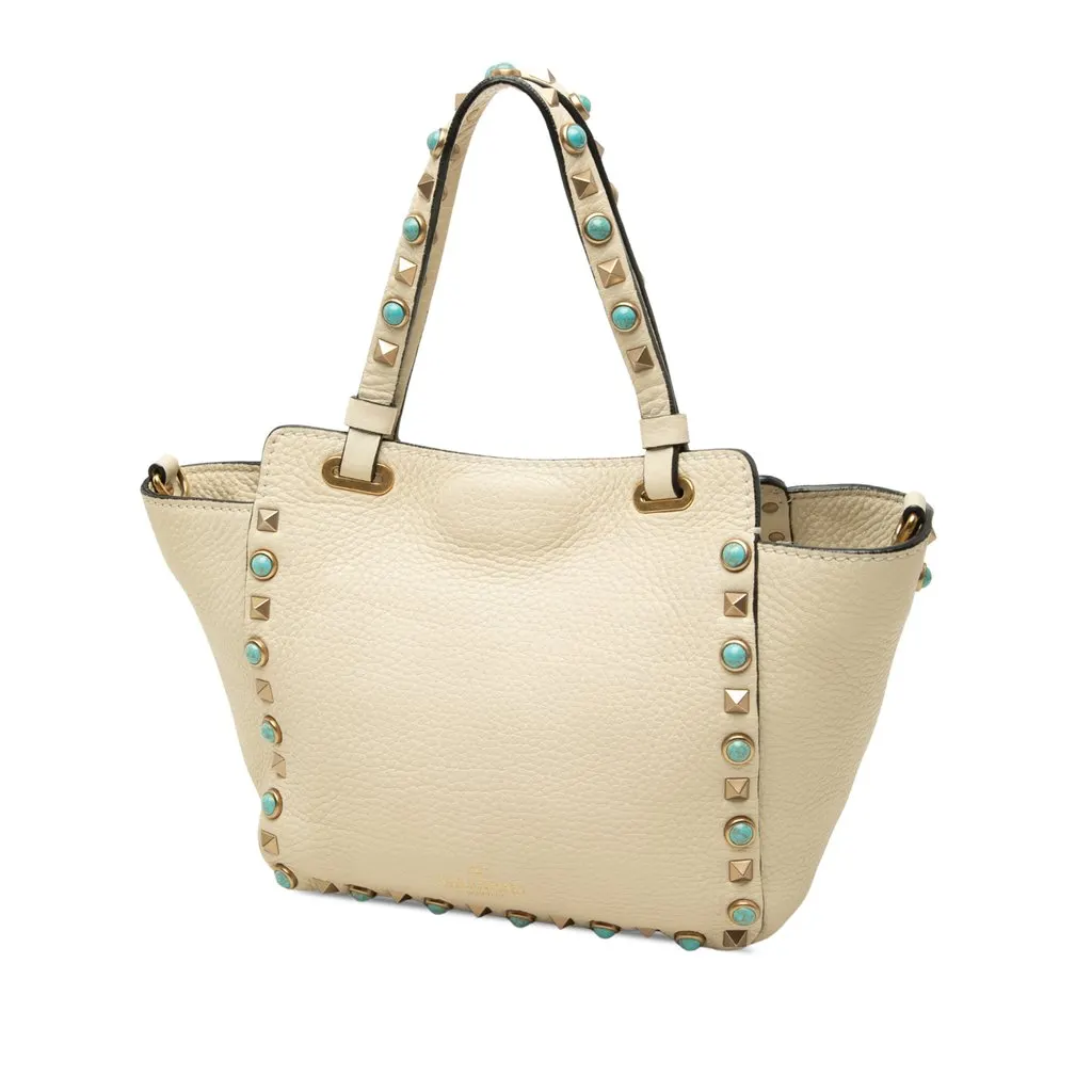 Valentino Mini Grained Calfskin Rockstud Rolling Trapeze Satchel White Leather Very good - Back View