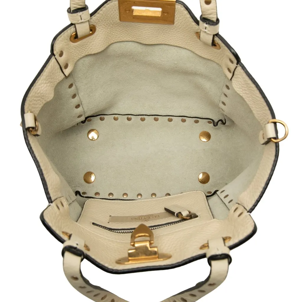Valentino Mini Grained Calfskin Rockstud Rolling Trapeze Satchel White Leather Very good - Model View