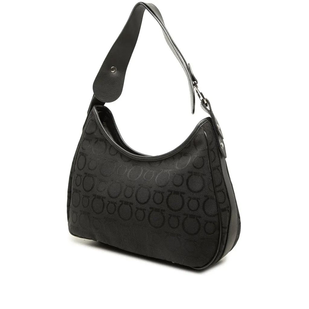 Salvatore Ferragamo Gancini Canvas Shoulder Bag Black Canvas Very good - Back View
