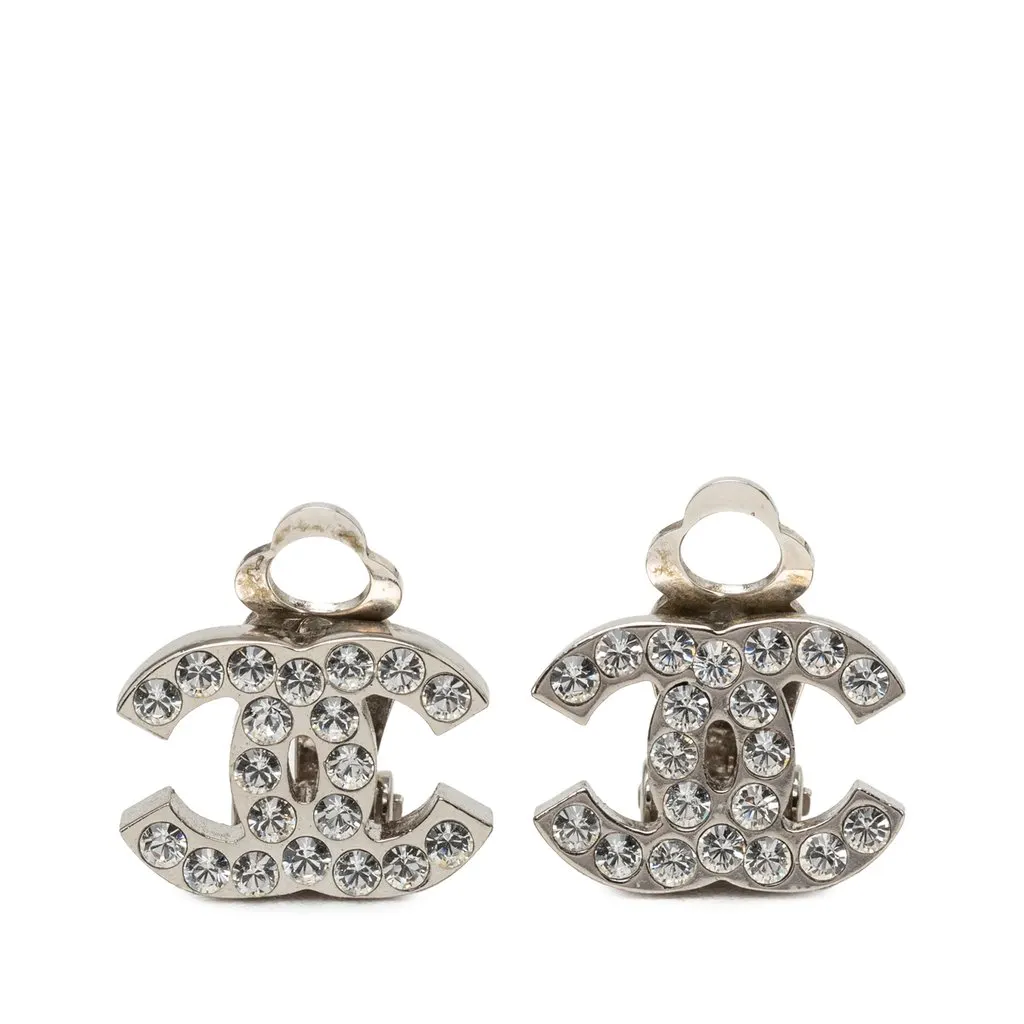 Chanel CC Brass and Strass Clip On Earrings Silver Metal Very good - Front View