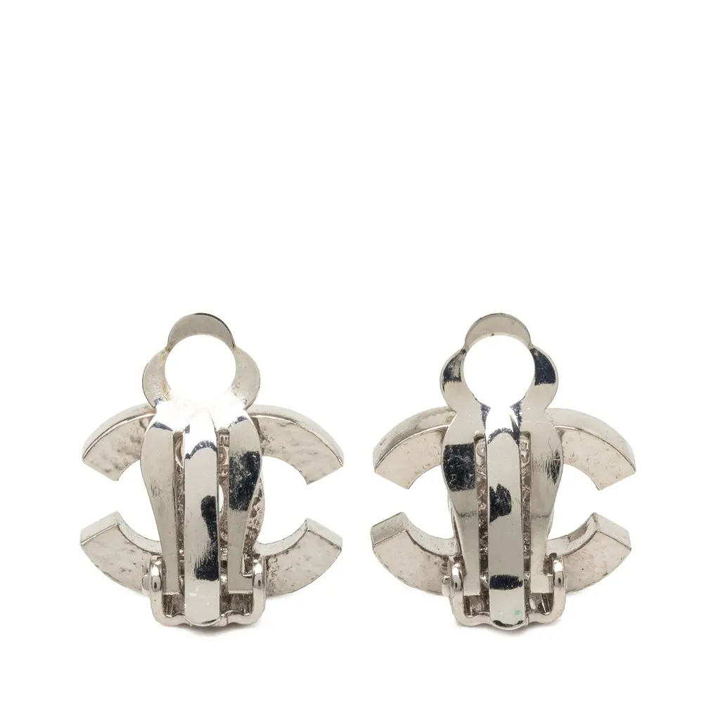 Chanel CC Brass and Strass Clip On Earrings Silver Metal Very good - Back View