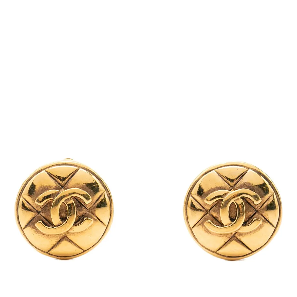 Chanel CC Gold Plated Quilted Round Clip On Earrings Gold Metal Very good - Front View