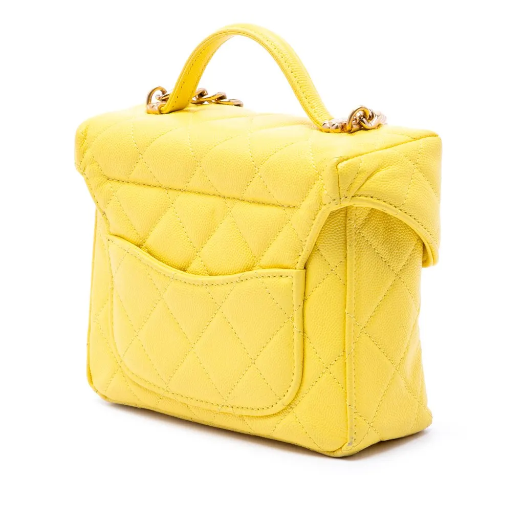 Chanel Quilted Caviar Handy Box Vanity Case with Chain Yellow Leather Very good - Back View