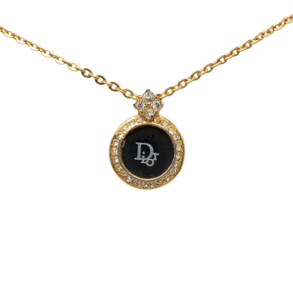 Dior Gold Plated Enamel Strass Logo Pendant Necklace Gold Metal Very good - Back View