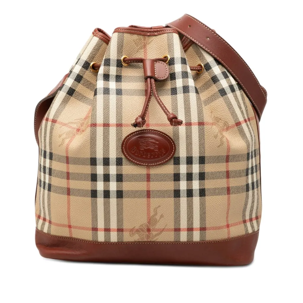Burberry Haymarket Check Coated Canvas Drawstring Bucket Bag Beige Very good - Front View