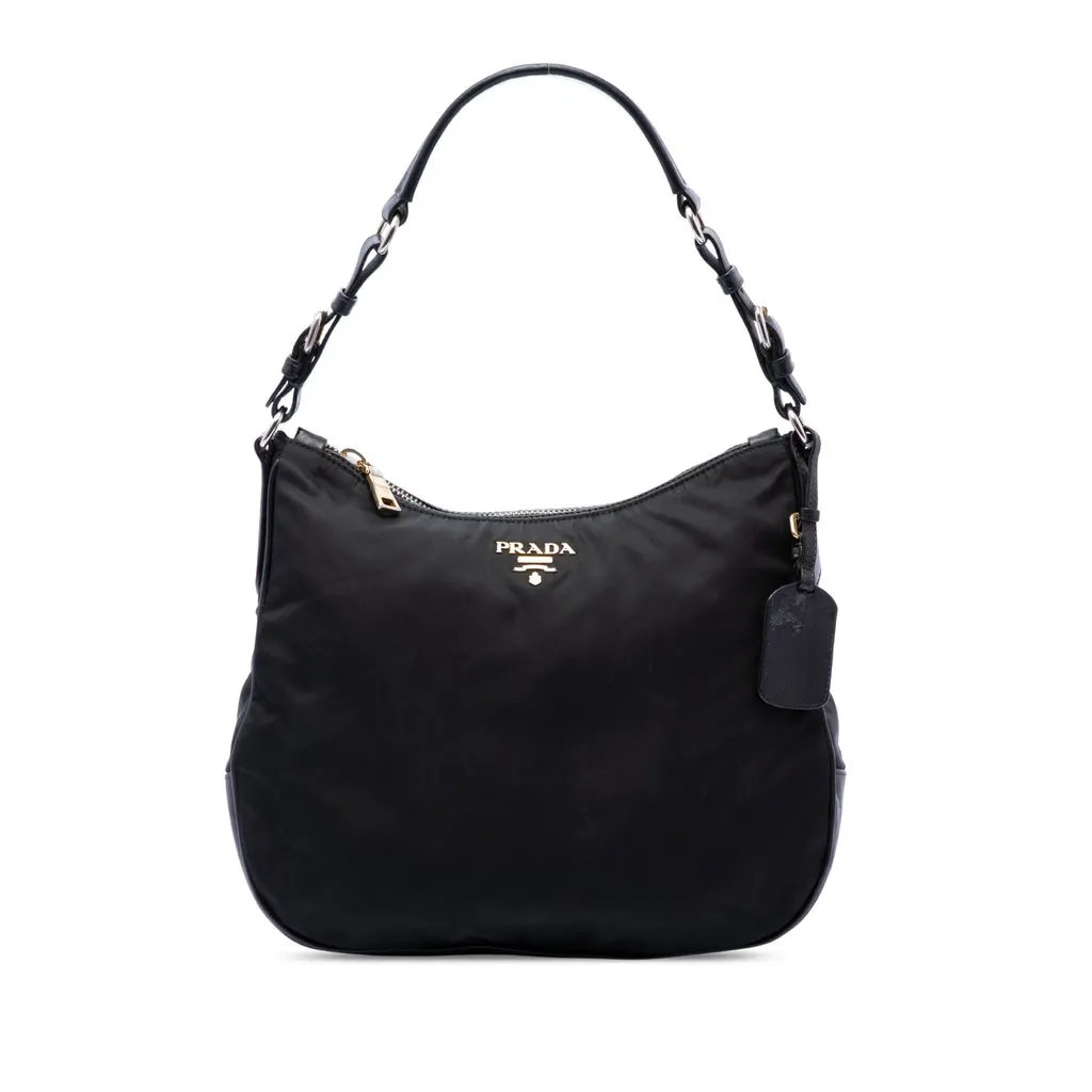 Prada Saffiano Trimmed Tessuto Shoulder Bag Black Polyamide Good - Front View