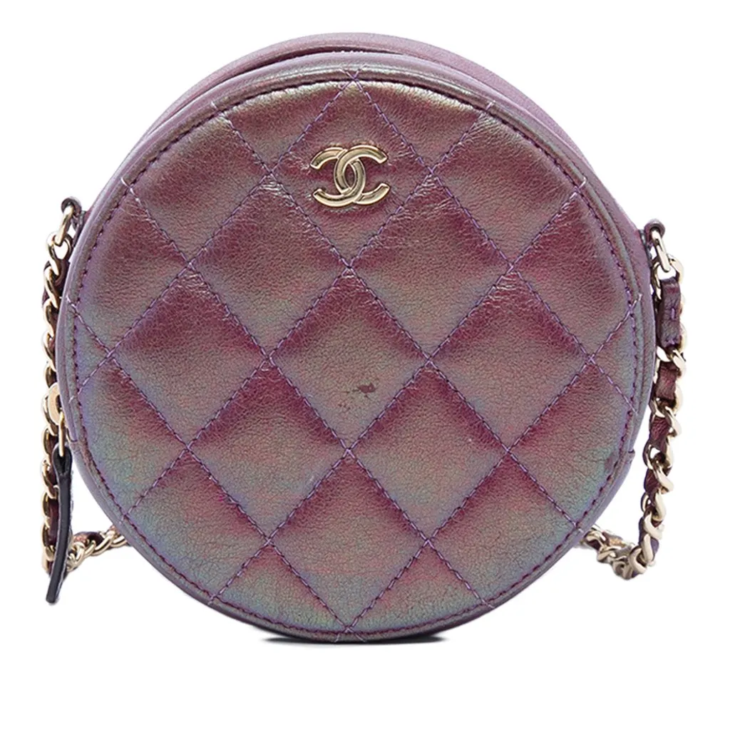 Chanel Quilted Iridescent Lambskin Round Clutch With Chain Purple Leather Very good - Front View