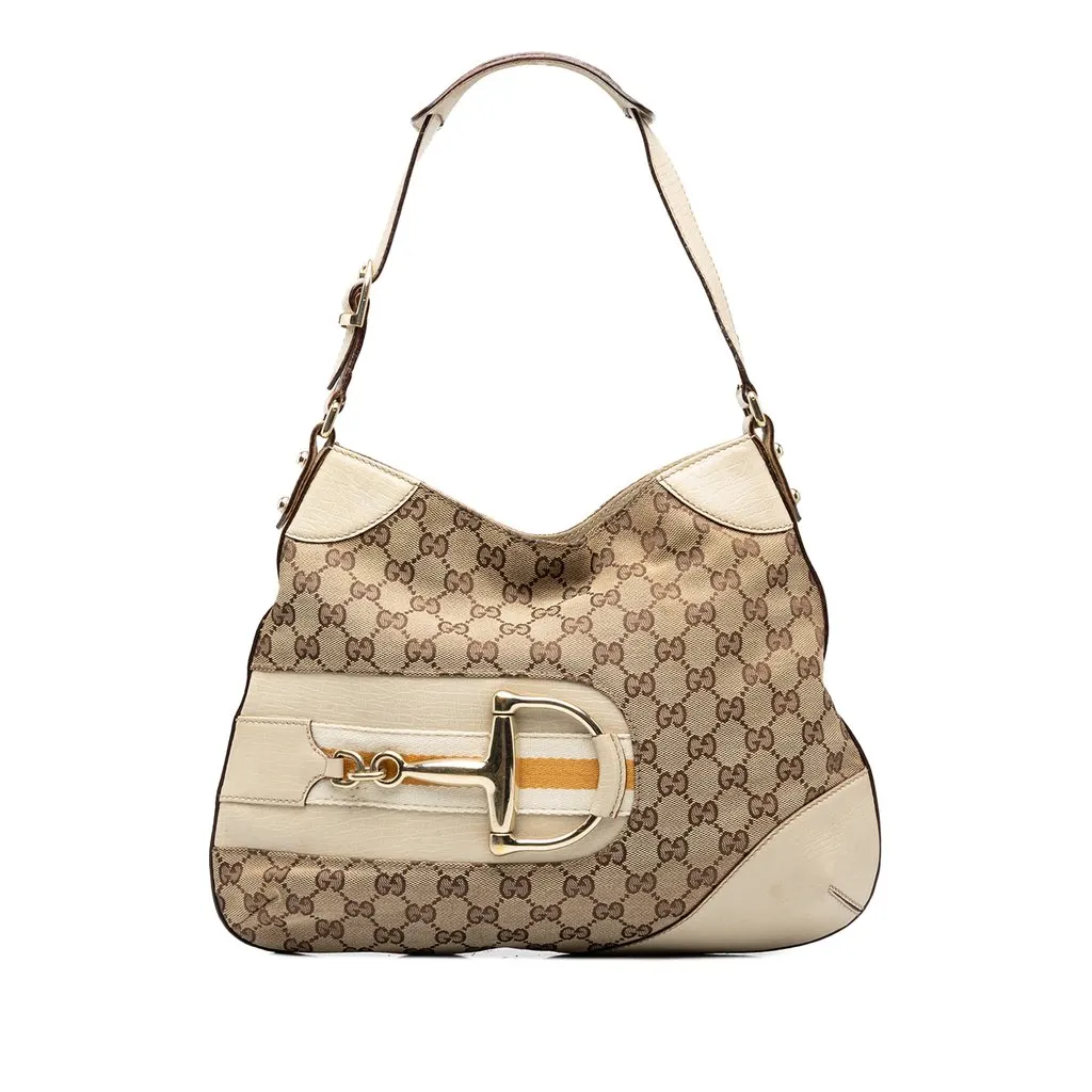 Gucci GG Canvas Hasler Web Shoulder Bag Beige Canvas Good - Front View
