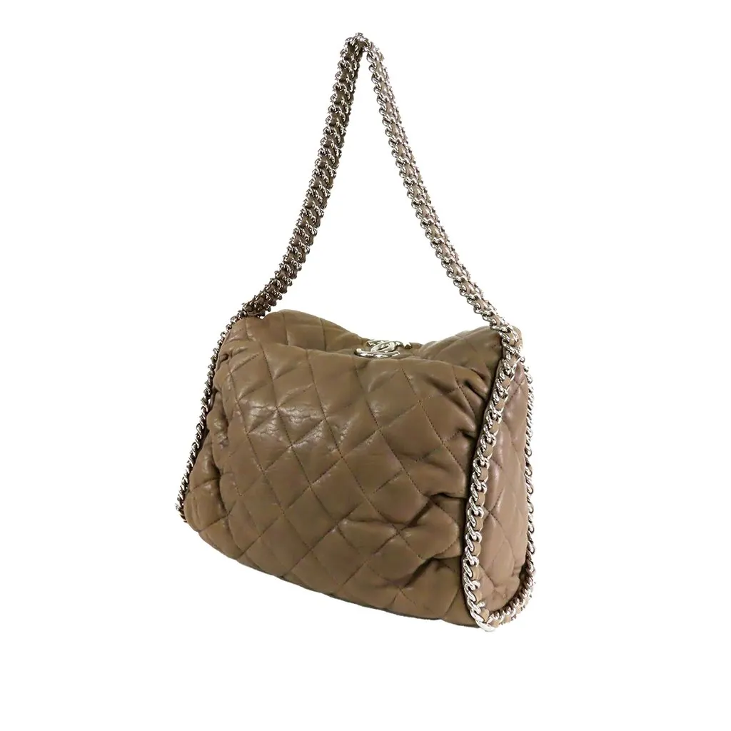 Chanel Quilted Washed Lambskin Chain Around Hobo Brown Leather Very good - Back View