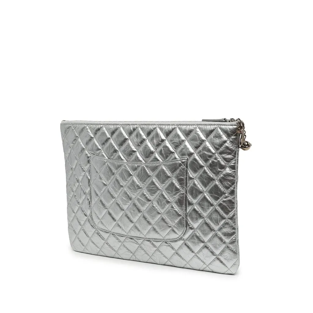 Chanel Large Quilted Metallic Aged Calfskin Cosmo Charm O Case Clutch Silver Leather Very good - Back View