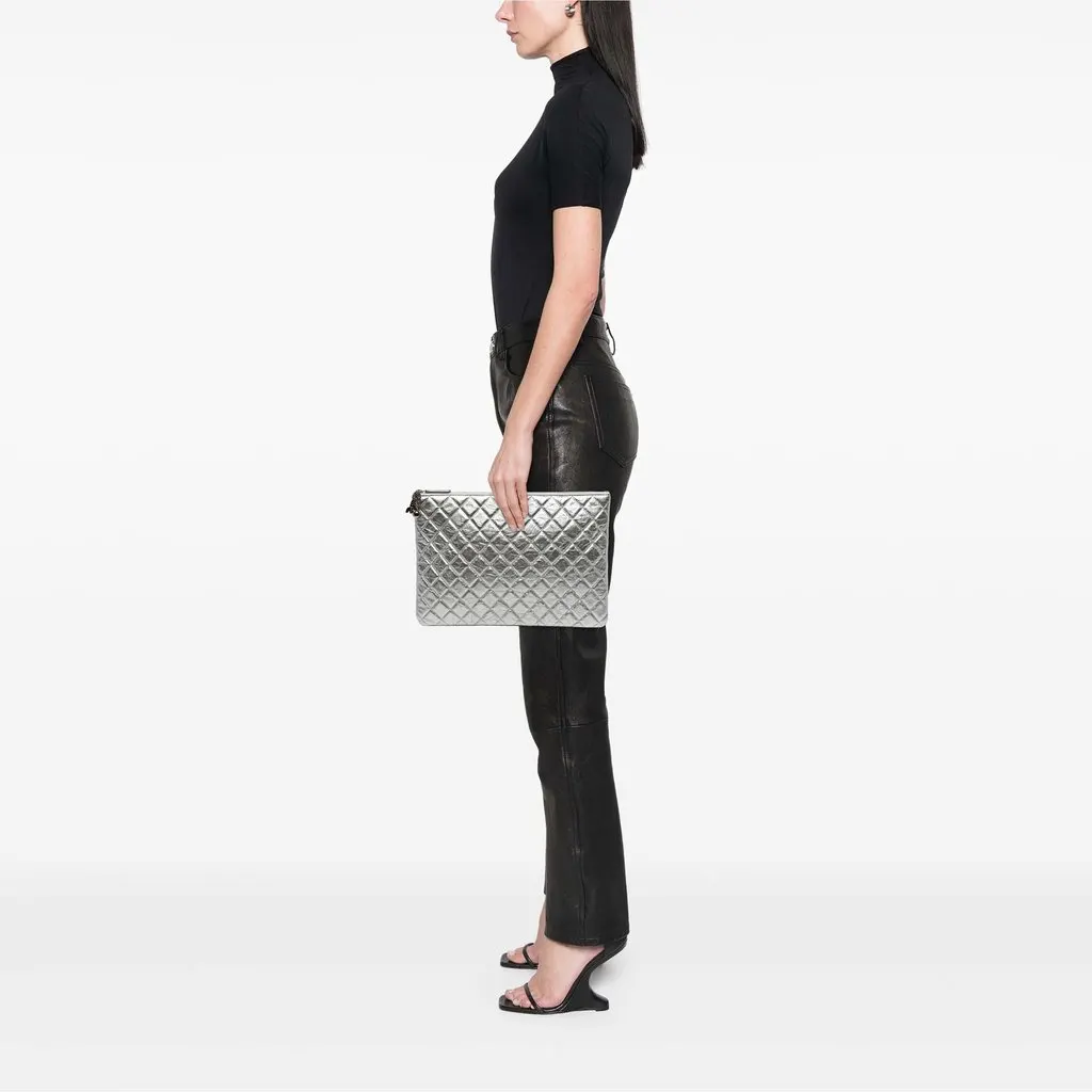 Chanel Large Quilted Metallic Aged Calfskin Cosmo Charm O Case Clutch Silver Leather Very good - Box View