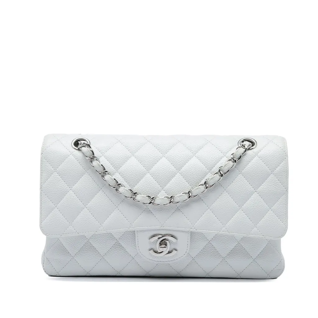 Chanel Medium Classic Caviar Double Flap White Leather Very good - Front View