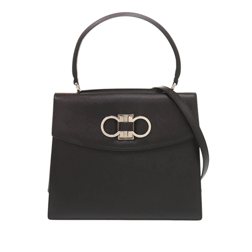 Salvatore Ferragamo Leather Double Gancini Top Handle Bag Black Leather Very good - Front View