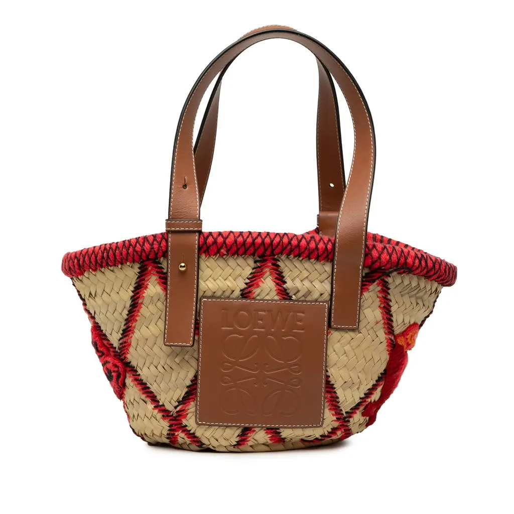LOEWE Small Raffia Animal Embroidered Anagram Basket Tote Beige Very good - Front View