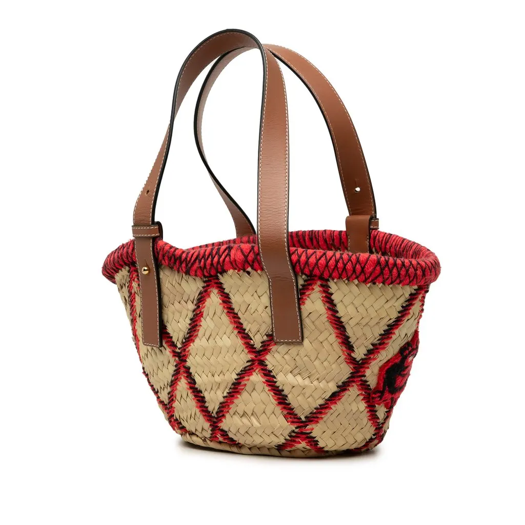 LOEWE Small Raffia Animal Embroidered Anagram Basket Tote Beige Very good - Back View