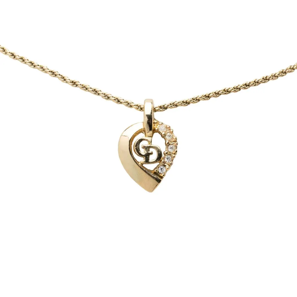 Dior Gold Plated Strass CD Heart Pendant Necklace Gold Metal Very good - Back View