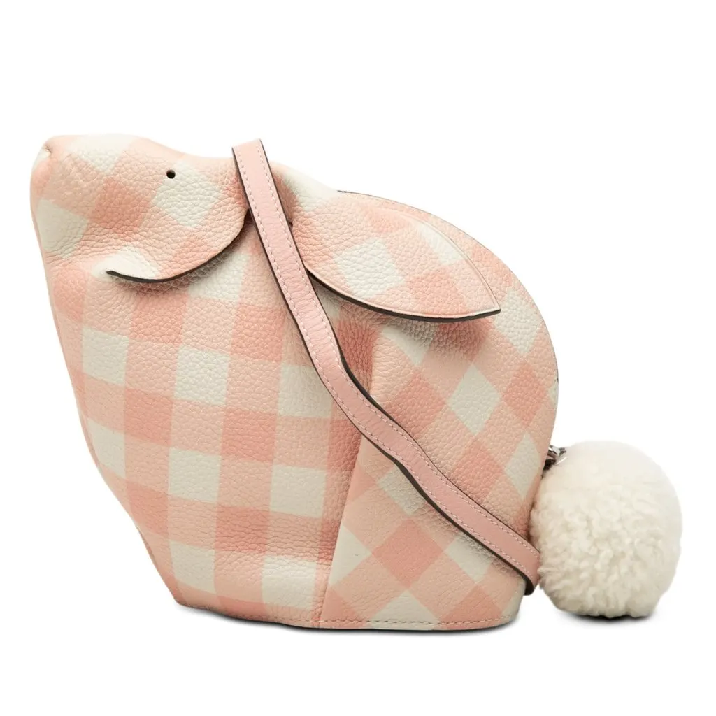 LOEWE Mini Calfskin Shearling Gingham Bunny Crossbody Pink Leather Very good - Front View