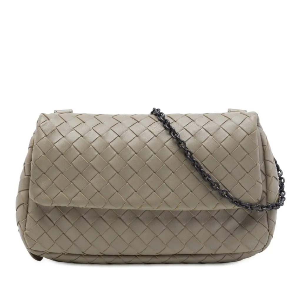 Bottega Veneta Mini Nappa Intrecciato Expandable Chain Flap Crossbody Beige Leather Very good - Front View