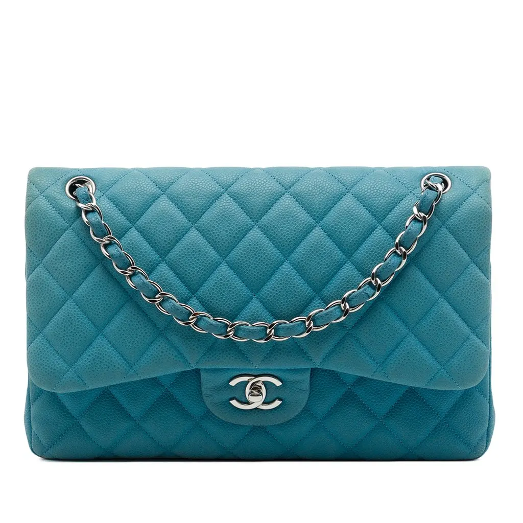 Chanel Jumbo Classic Caviar Double Flap Blue Leather Good - Front View