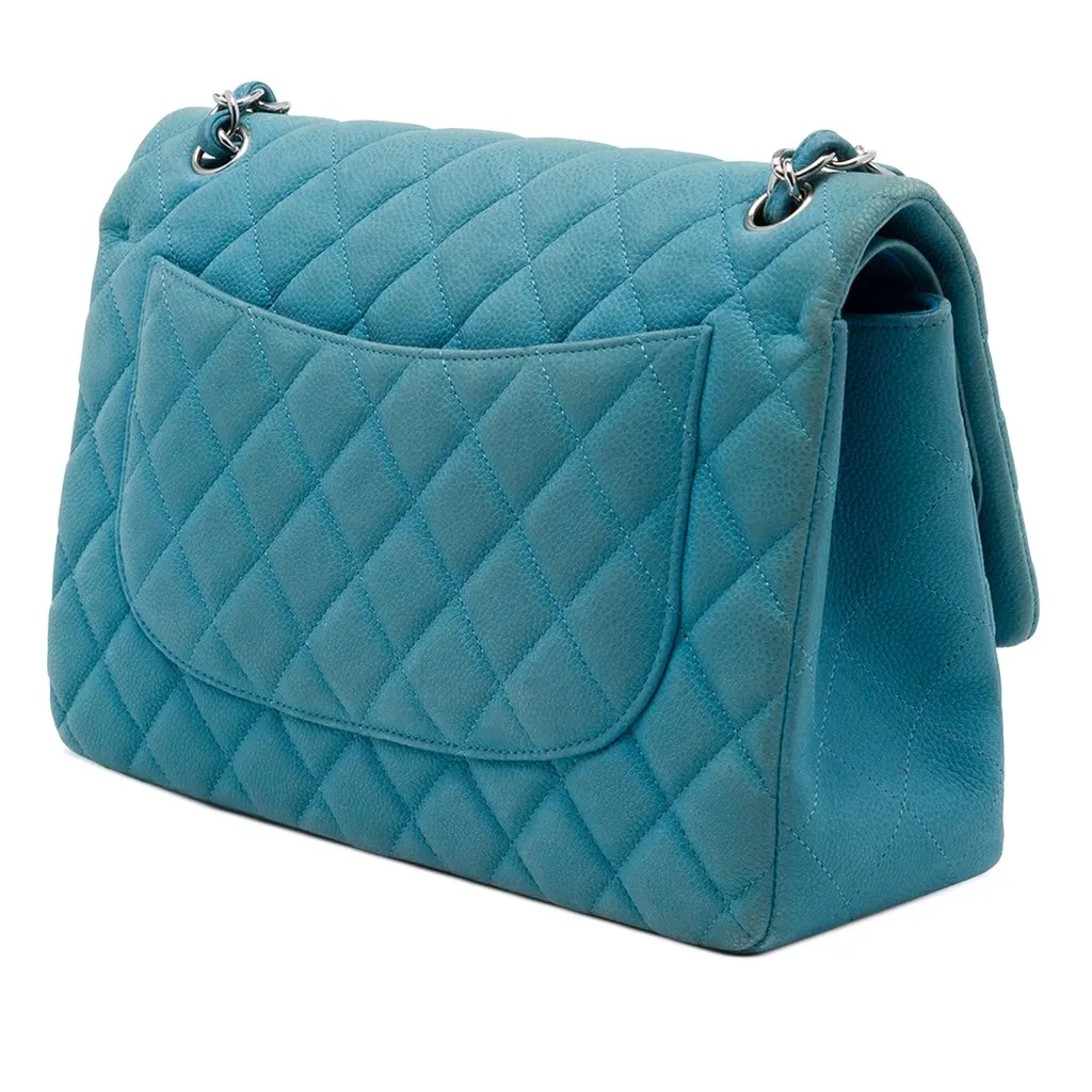 Chanel Jumbo Classic Caviar Double Flap Blue Leather Good - Back View