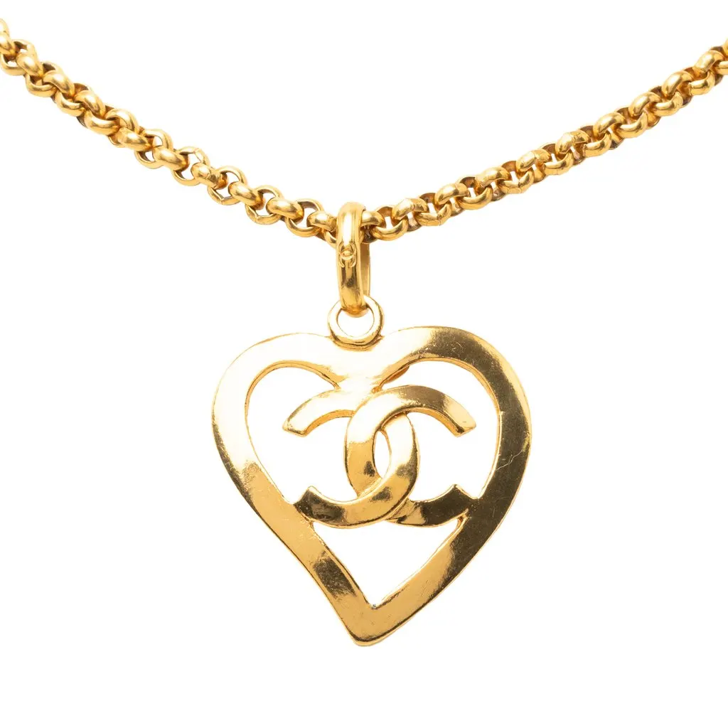 Chanel Gold Plated CC Heart Pendant Necklace Gold Metal Very good - Back View