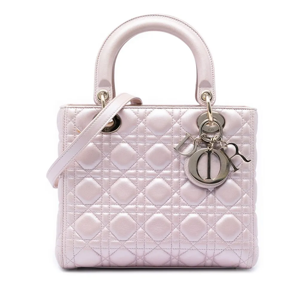 Dior Medium Pearlescent Lambskin Cannage Lady Dior Pink Leather Very good - Front View