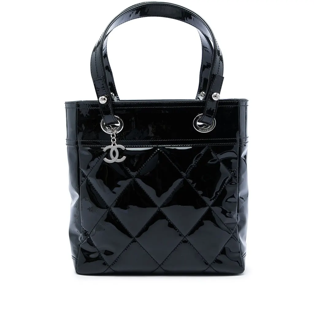 Chanel Small Quilted Patent Paris Biarritz Tote Black Leather Very good - Front View