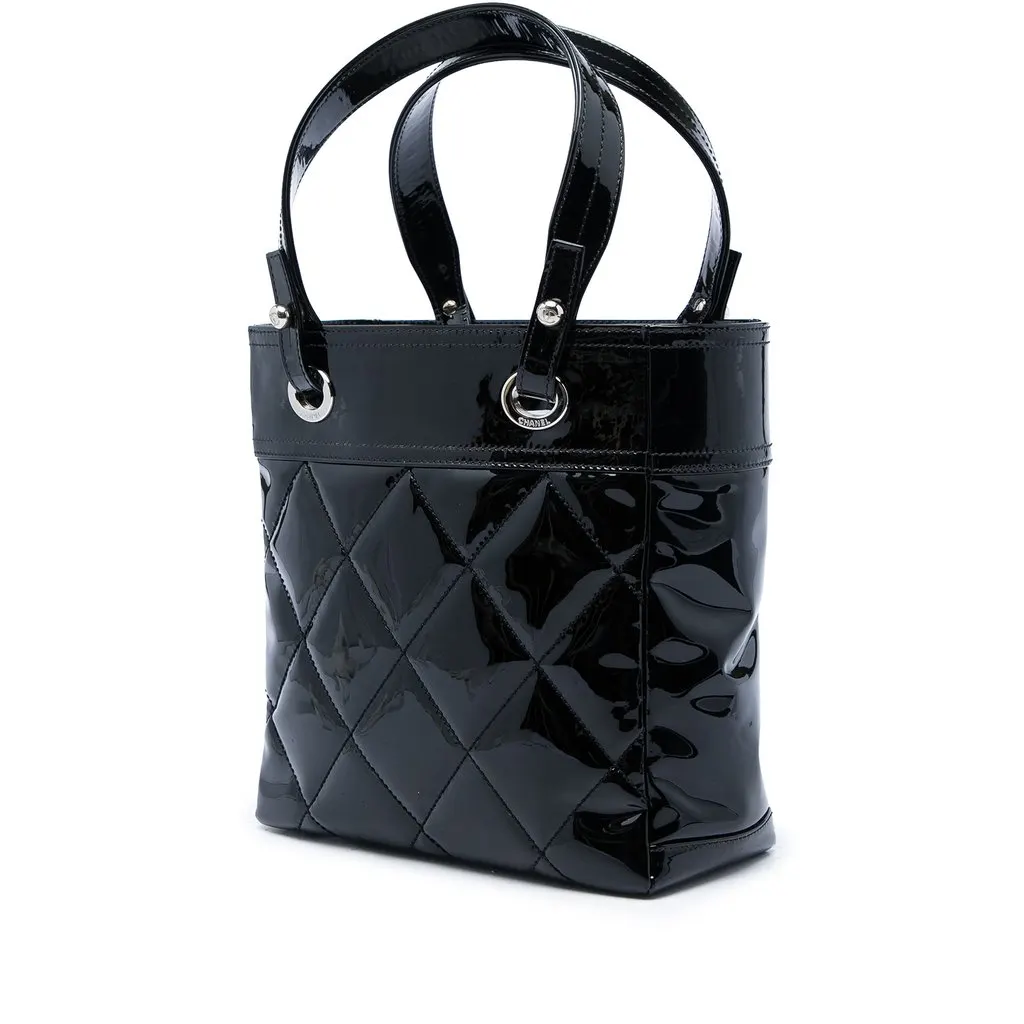 Chanel Small Quilted Patent Paris Biarritz Tote Black Leather Very good - Back View