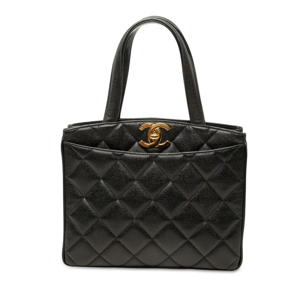 Chanel CC Quilted Caviar Turnlock Handbag Black Leather Very good - Front View