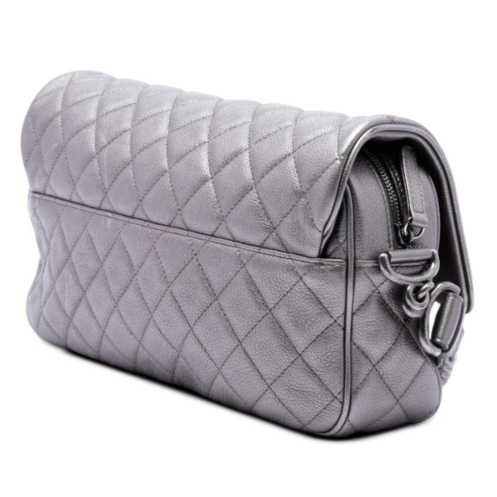 Chanel Medium Quilted Metallic Grained Calfskin Casual Rock Flap Silver Leather Very good - Back View