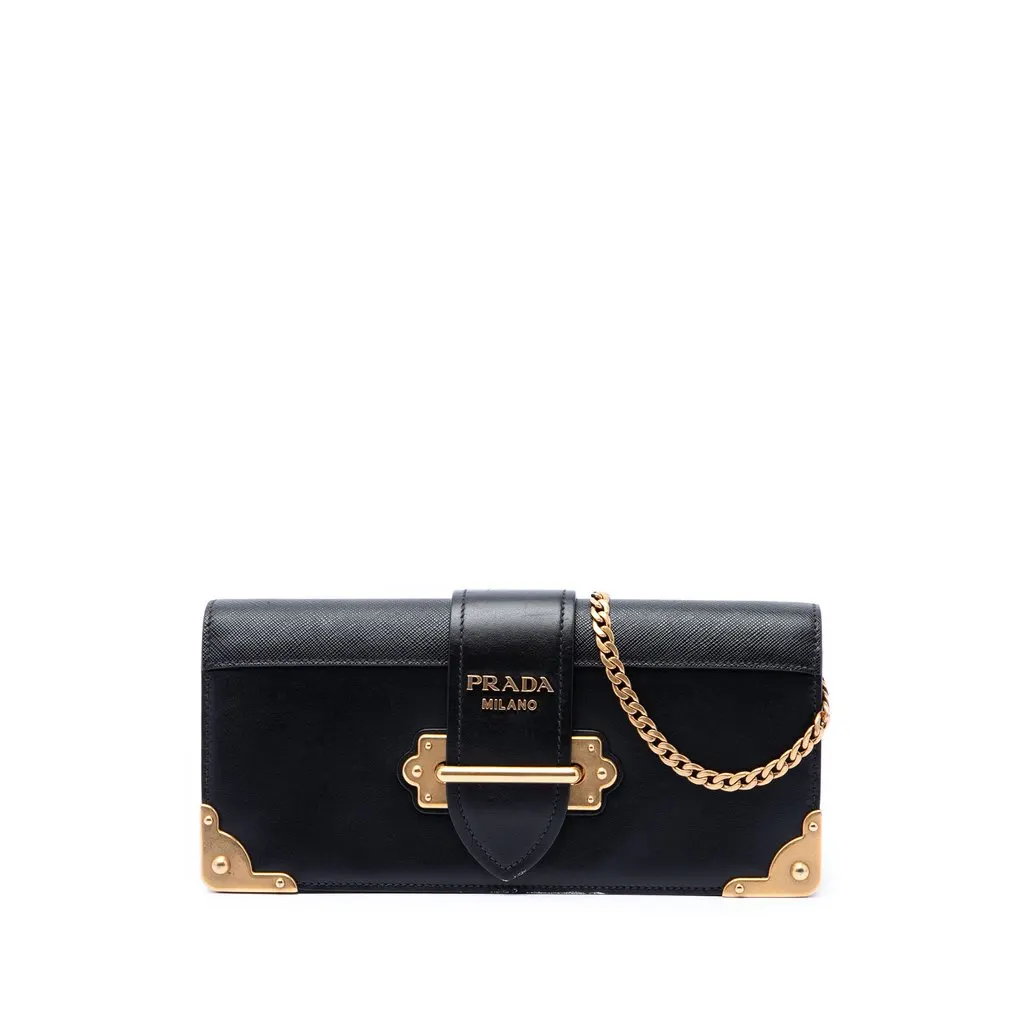 Prada City Calf and Saffiano Cahier Chain Clutch Black Leather Very good - Front View