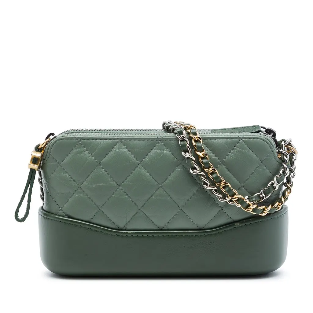 Chanel Aged Calfskin Gabrielle Double Zip Clutch with Chain Green Leather Very good - Front View