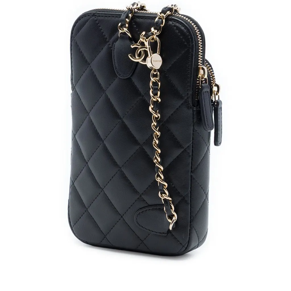 Chanel CC Quilted Lambskin Phone Holder With Chain Black Leather Very good - Back View