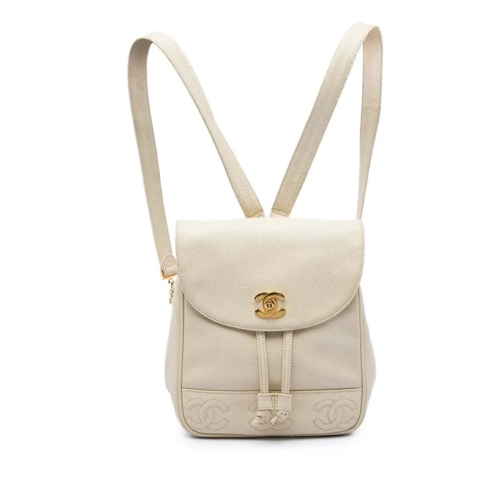 Chanel Caviar Triple CC Backpack White Leather Very good - Front View