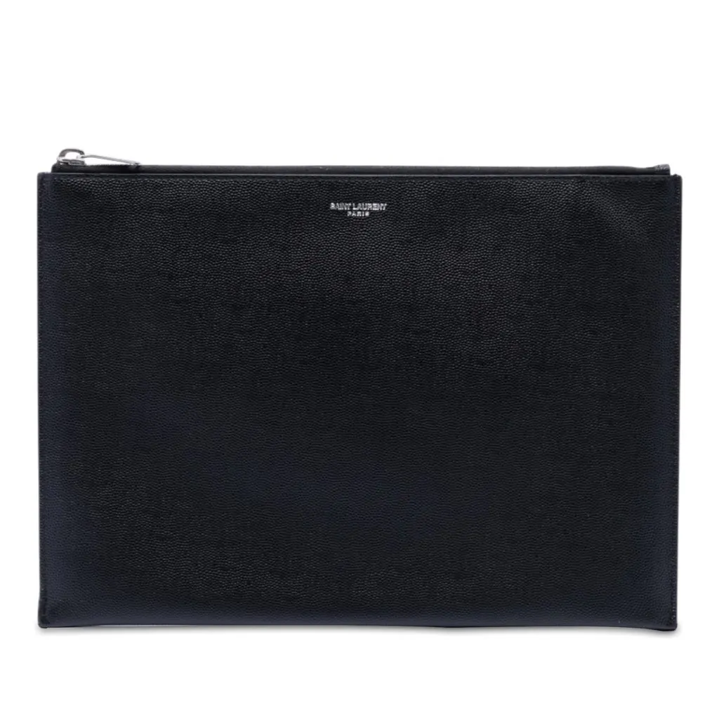 Saint Laurent Grain De Poudre Zip Clutch Black Leather Very good - Front View