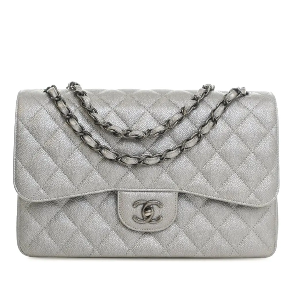 Chanel Jumbo Classic Caviar Double Flap Silver Leather Very good - Front View
